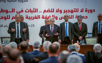 Palestinian Authority President Mahmoud Abbas at the opening session of the Palestinian Central Council, in the West Bank city of Ramallah, on April 23, 2025. (Flash90) Palestinian Authority President Mahmoud Abbas at the opening session of the Palestinian Central Council, in the West Bank city of Ramallah, on April 23, 2025. (Flash90)