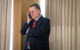 Defense Minister Israel Katz at the Knesset in Jerusalem, April 24, 2025. (Arie Leib Abrams/Flash90)
