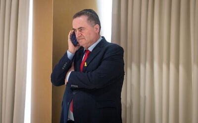 Defense Minister Israel Katz at the Knesset in Jerusalem, April 24, 2025. (Arie Leib Abrams/Flash90)