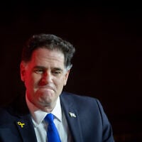 Strategic Affairs Minister Ron Dermer speaks at the Jewish News Syndicate conference in Jerusalem, on April 28, 2025. (Chaim Goldberg/Flash90)