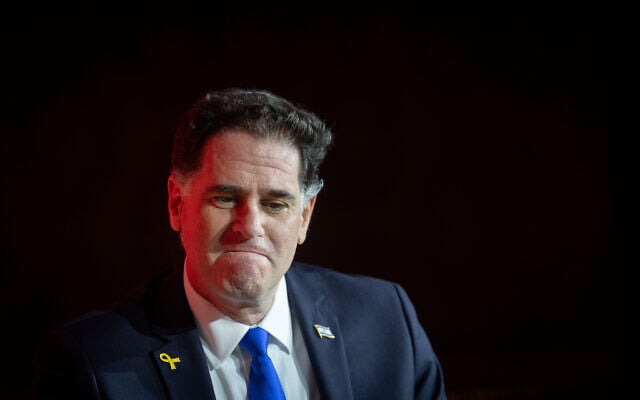 Strategic Affairs Minister Ron Dermer speaks at the Jewish News Syndicate conference in Jerusalem, on April 28, 2025. (Chaim Goldberg/Flash90)