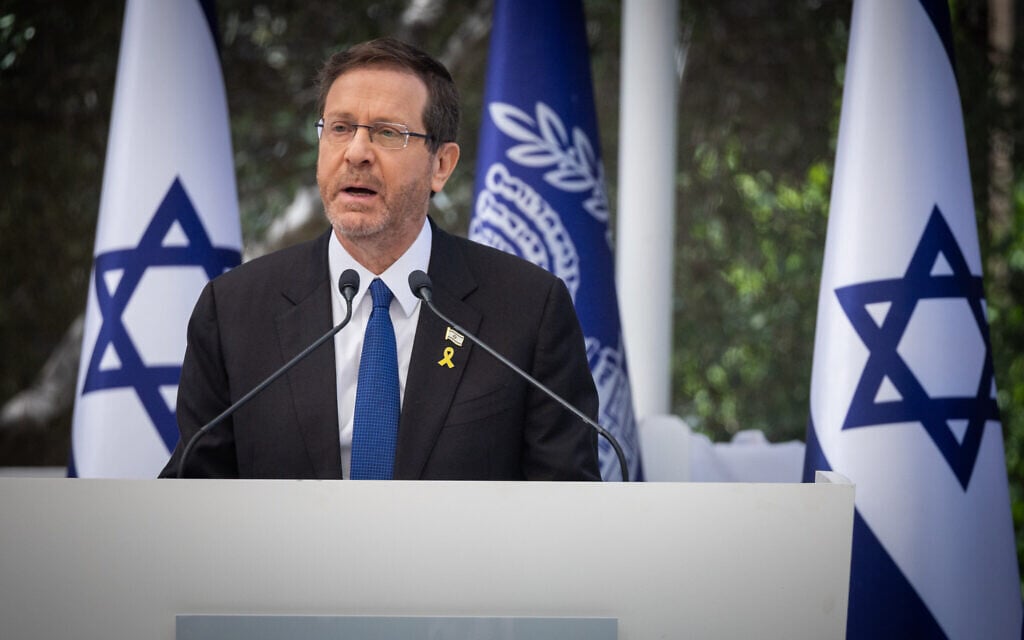 President Isaac Herzog speaks during an event for outstanding soldiers as part of Israel's 77th Independence Day celebrations, at the President's Residence in Jerusalem on May 1, 2025. (Yonatan Sindel/Flash90)