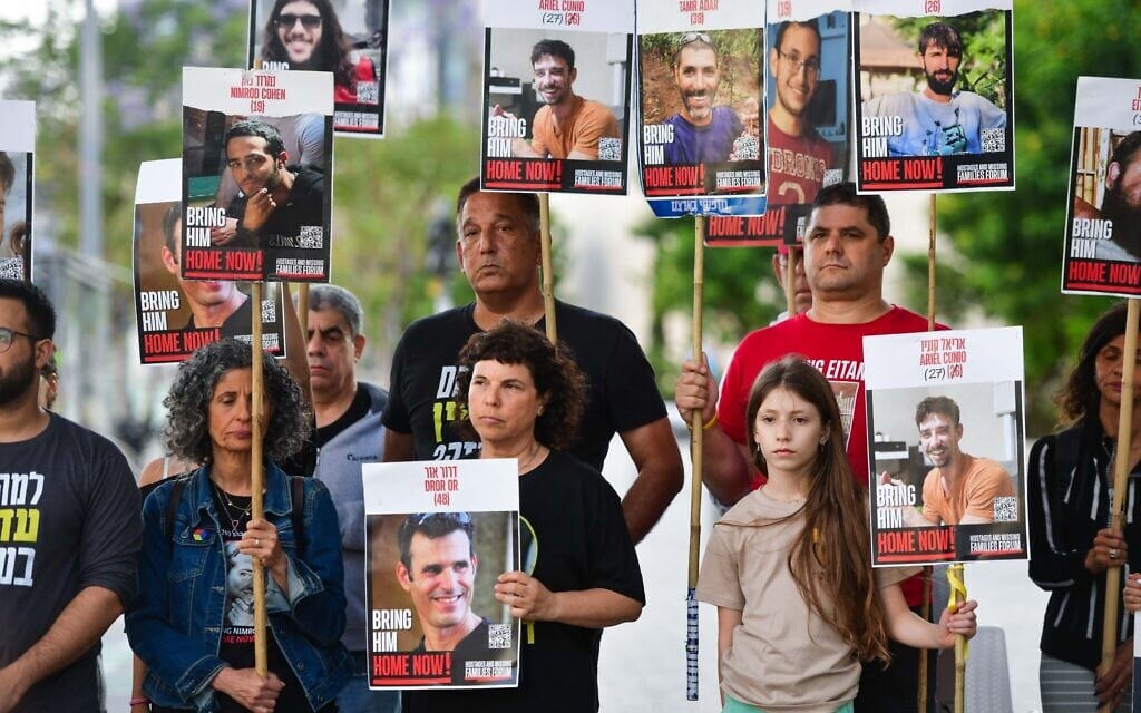 Families of Israelis held hostage in Gaza hold a press conference in Tel Aviv on May 3, 2025. (Avshalom Sassoni/Flash90)