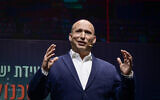 Former prime minister Naftali Bennett speaks during the Israel Information Technology Conference in Ness Ziona, May 5, 2025. (Avshalom Sassoni/ Flash90)
