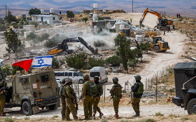 Israeli security forces demolish buildings in Khalet Al-Dab, in the Masafer Yatta area, south of Hebron, in the West Bank, May 5, 2025. (Wisam Hashlamoun/Flash90) Israeli security forces demolish buildings in Khalet Al-Dab, in the Masafer Yatta area, south of Hebron, in the West Bank, May 5, 2025. (Wisam Hashlamoun/Flash90)