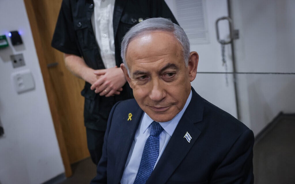 Prime Minister Benjamin Netanyahu arrives at the District Court in Tel Aviv on May 19, 2025. (Miriam Alster/Flash90)