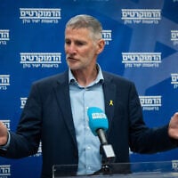The Democrats chair Yair Golan leads a faction meeting at the Knesset, the Israeli parliament in Jerusalem, on May 19, 2025. (Oren Ben Hakoon/Flash90)