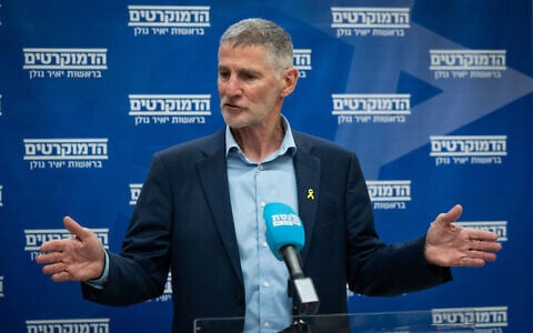 The Democrats chair Yair Golan leads a faction meeting at the Knesset, the Israeli parliament in Jerusalem, on May 19, 2025. (Oren Ben Hakoon/Flash90)