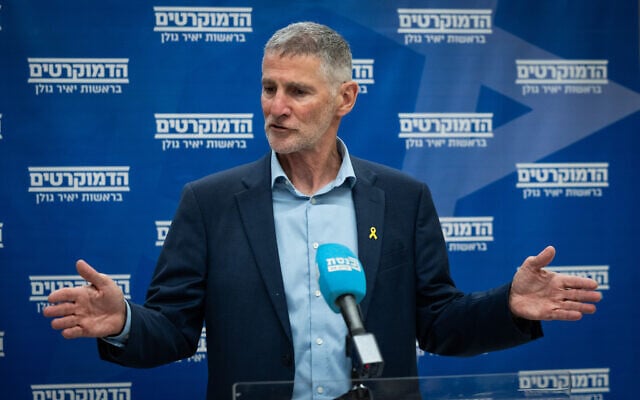 The Democrats chair Yair Golan leads a faction meeting at the Knesset, the Israeli parliament in Jerusalem, on May 19, 2025. (Oren Ben Hakoon/Flash90)