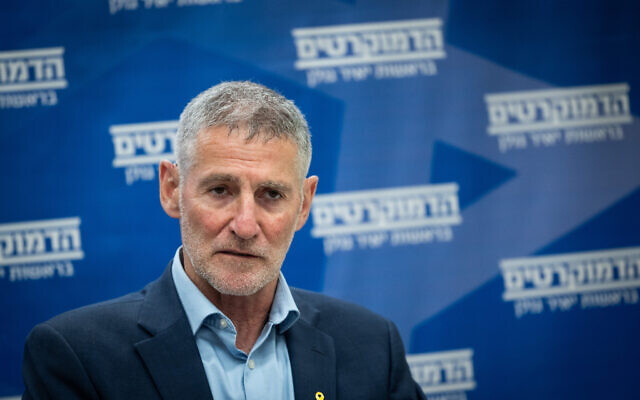 Leader of the Democrats party Yair Golan leads a faction meeting at the Knesset in Jerusalem, on May 19, 2025. (Oren Ben Hakoon/Flash90)