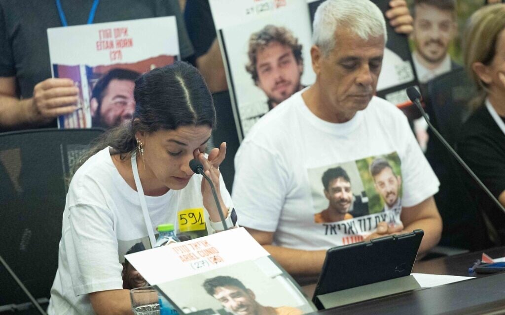 Former hostage Arbel Yehud attends a Constitution, Law and Justice Committee meeting at the Knesset on May 19, 2025. (Yonatan Sindel/Flash90)