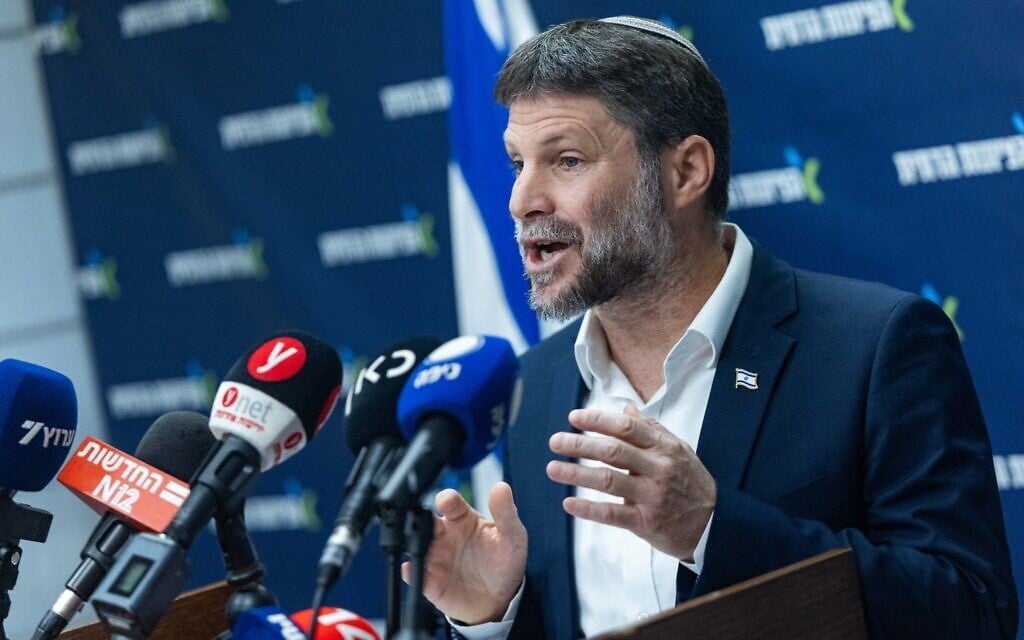 Finance Minister Bezalel Smotrich speaks at the Knesset on May 19, 2025. (Yonatan Sindel/Flash90)