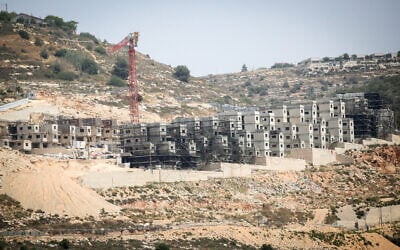Illustrative: A general view of new buildings in the Israeli settlement of Aliyah, south of Nablus in the West Bank. May 21, 2025. (Nasser Ishtayeh/Flash90)