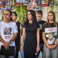 Families of Israelis held hostage in Gaza hold a press conference in Tel Aviv on May 24, 2025. (Avshalom Sassoni/Flash90)