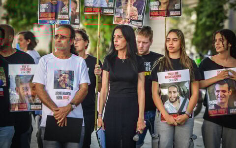 Families of Israelis held hostage in Gaza hold a press conference in Tel Aviv on May 24, 2025. (Avshalom Sassoni/Flash90)