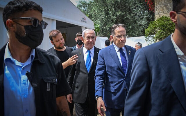Prime Minister Benjamin Netanyahu, center, arrives at a cabinet meeting held on Jerusalem Day in the City of David, outside Jerusalem's Old City, May 26, 2025. (Flash90)