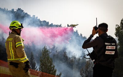 Firefighters try to extinguish a large fire that broke out in the Jerusalem Forest, May 26, 2025. (Noam Revkin Fenton/Flash90)