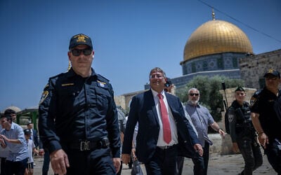 National Security Minister Itamar Ben Gvir, visit the Temple Mount in Jerusalem's Old City on Jerusalem Day, May 26, 2025. (Yonatan Sindel/Flash90)