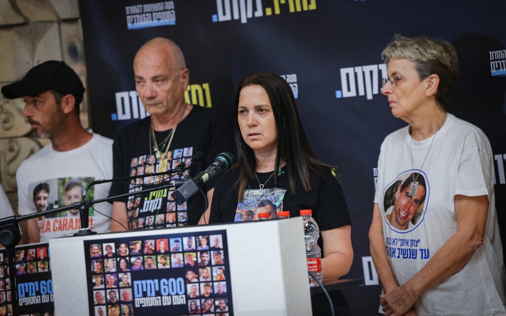 Anat Angrest speaks at a press conference in Tel Aviv, marking 600 days of the hostages' captivity, May 28, 2025 (Miriam Alster/Flash90)