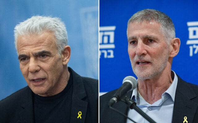 (L) Yesh Atid leader MK Yair Lapid leads a faction meeting at the Knesset on May 12, 2025 (Yonatan Sindel/Flash90) and (R) The Democrats party leader Yair Golan holds a press conference in Tel Aviv, May 20, 2025 (Avshalom Sassoni/Flash90)