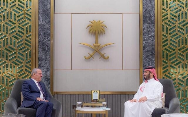 Saudi Crown Prince Mohammed bin Salman (R) hosts the recently-appointed vice chairman of the Palestine Liberation Organization's Executive Committee Hussein al-Sheikh in Riyadh on May 8, 2025. (Saudi Press Agency) Saudi Crown Prince Mohammed bin Salman (R) hosts the recently-appointed vice chairman of the Palestine Liberation Organization's Executive Committee Hussein al-Sheikh in Riyadh on May 8, 2025. (Saudi Press Agency)