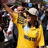 Released hostage Emily Damari celebrates with hundreds of fans outside the soccer stadium of Tottenham Hotspurs in London, May 11, 2025. (Embassy of Israel in the UK/ Pomi Ofir Tal)