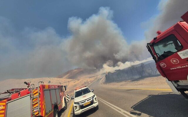 A brush fire in the Golan Heights, near the Hamat Gader hot springs, on May 31, 2025. (Fire and Rescue services) A brush fire in the Golan Heights, near the Hamat Gader hot springs, on May 31, 2025. (Fire and Rescue services)