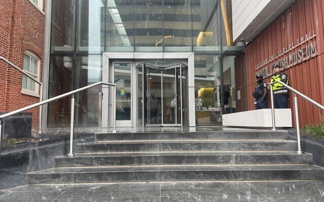 The entrance to the Capital Jewish Museum in Washington, DC, May 22, 2025. (Luke Tress/Times of Israel)