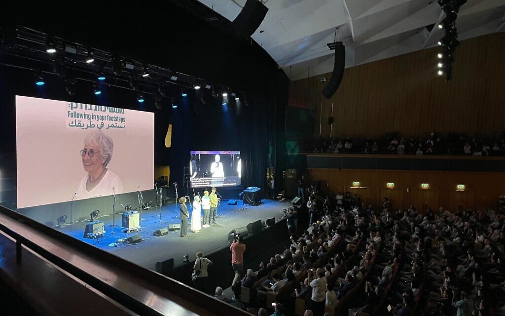 Several thousand people gather at the International Convention Center in Jerusalem for the “It’s Time” peace summit on May 9, 2025. (Rossella Tercatin/Times of Israel)