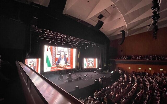 Palestinian Authority President Mahmoud Abbas addresses the the “It’s Time” peace summit by video at the International Convention Center in Jerusalem, May 9, 2025. (Rossella Tercatin/Times of Israel)