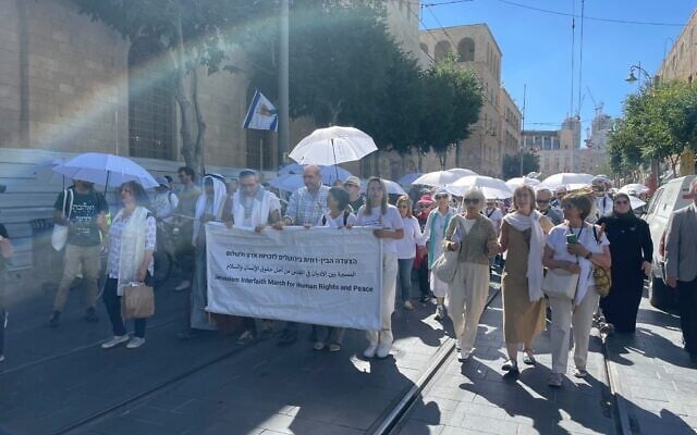 Hundreds take part in an interfaith march for peace in Jerusalem on May 28, 2025. (Rossella Tercatin/Times of Israel)