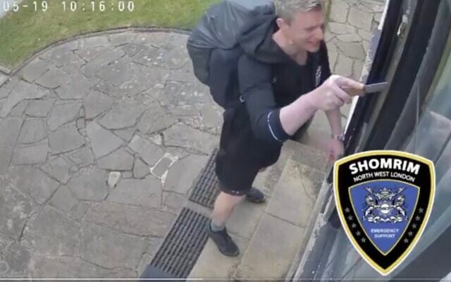Screen capture of video showing a man using a knife to prise loose a mezuzah from a Jewish home in London, May 19, 2025. (X: Used in accordance with Clause 27a of the Copyright Law) Screen capture of video showing a man using a knife to prise loose a mezuzah from a Jewish home in London, May 19, 2025. (X: Used in accordance with Clause 27a of the Copyright Law)
