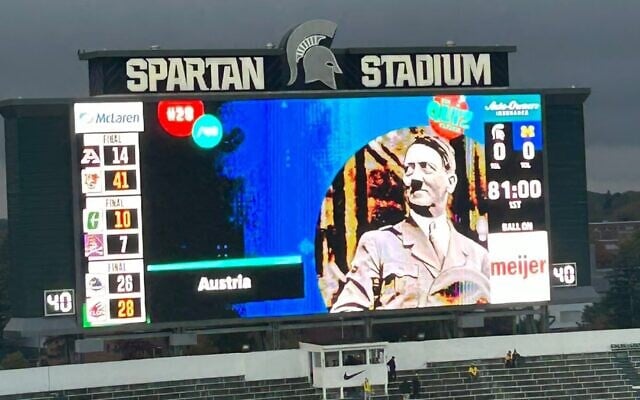 Michigan State University displayed an image of Adolf Hitler as part of a trivia quiz prior to a football game, October 21, 2023. (Alexander Haenke/X via JTA) Michigan State University displayed an image of Adolf Hitler as part of a trivia quiz prior to a football game, October 21, 2023. (Alexander Haenke/X via JTA)