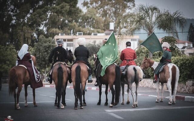 Circassians, known for their horseback riding skills, commemorate the Circassian Mourning Day in Kfar Kama on May 21, 2024. (Courtesy/Adam Choshha)