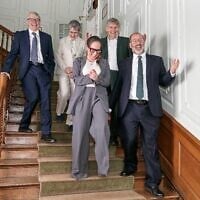 Rabbi Charley Baginsky, Paul Langsford, Dr. Ed Kessler MBE, Karen Newman and Rabbi Josh Levy announce the formation of Progressive Judaism, in a photo provided by the new organization, May 18, 2025. (Zoe Norfolk)