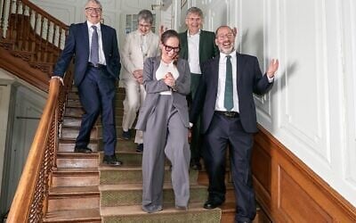 Rabbi Charley Baginsky, Paul Langsford, Dr. Ed Kessler MBE, Karen Newman and Rabbi Josh Levy announce the formation of Progressive Judaism, in a photo provided by the new organization, May 18, 2025. (Zoe Norfolk)