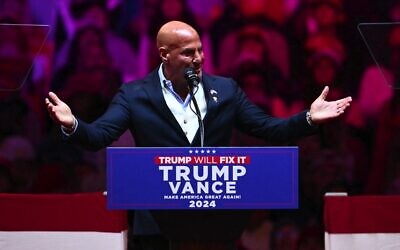 Sid Rosenberg speaks at a campaign rally for Donald Trump at Madison Square Garden, New York, Oct. 27, 2024. (Angela Weiss/AFP via Getty Images via JTA)