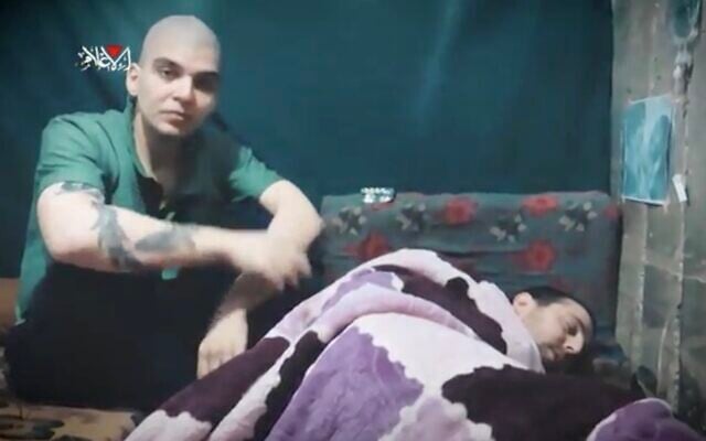 Hamas hostages Yosef-Haim Ohana and Elkana Bohbot appear in a Hamas propaganda video published by the terror group on May 10, 2025. (Screenshot)