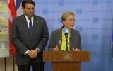 Leah Goldin, the mother of Lt. Hadar Goldin, whose body has been held in Gaza since 2014, delivers a statement to the press at the UN Security Council, accompanied by Israel's Ambassador to the UN, Danny Danon, on May 15, 2025. (Screenshot, UN Web TV)