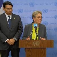 Leah Goldin, the mother of Lt. Hadar Goldin, whose body has been held in Gaza since 2014, delivers a statement to the press at the UN Security Council, accompanied by Israel's Ambassador to the UN, Danny Danon, on May 15, 2025. (Screenshot, UN Web TV)