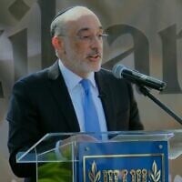 South African Chief Rabbi Warren Goldstein speaks at an Israeli Memorial Day ceremony at the Israeli Embassy in Pretoria, South Africa, April 30, 2025. (Screenshot/ Facebook)