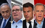 Left to right: Prime Minister Benjamin Netanyahu in Tel Aviv on May 19, 2025. (Miriam Alster/Flash90); Britain's Prime Minister Keir Starmer during a visit in Kingston upon Hull, England, March 13, 2025. (Oli Scarff/Pool via AP); France's President Emmanuel Macron at the Elysee Palace in Paris on May 7, 2025. (Michel Euler/Pool/AFP); Canadian Prime Minister Mark Carney speaks during a rally in Toronto, on April 4, 2025. (Peter Power/AFP)