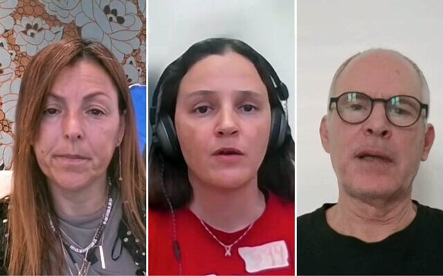 A composite of Ayelet Samerano, left, Dalia Cusnir, center and Keith Siegel at a press conference marking almost 600 days of captivity for hostages in Gaza on May 27, 2025 (Courtesy)