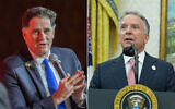 L: Strategic Affairs Minister Ron Dermer at the Jewish News Syndicate conference in Jerusalem, on April 28, 2025. (Chaim Goldberg/Flash90); R: US envoy Steve Witkoff speaks in the Oval Office of the White House in Washington, on May 28, 2025. (AP/Evan Vucci)