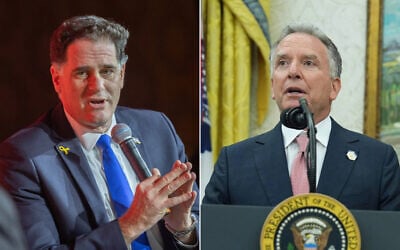 L: Strategic Affairs Minister Ron Dermer at the Jewish News Syndicate conference in Jerusalem, on April 28, 2025. (Chaim Goldberg/Flash90); R: US envoy Steve Witkoff speaks in the Oval Office of the White House in Washington, on May 28, 2025. (AP/Evan Vucci) L: Strategic Affairs Minister Ron Dermer at the Jewish News Syndicate conference in Jerusalem, on April 28, 2025. (Chaim Goldberg/Flash90); R: US envoy Steve Witkoff speaks in the Oval Office of the White House in Washington, on May 28, 2025. (AP/Evan Vucci)