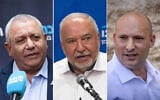 L to R: National Unity MK Gadi Eisenkot at the Knesset on March 24, 2025; Yisrael Beytenu chairman Avigdor Liberman at the Knesset on May 19, 2025; former prime minister Naftali Bennett visits the Western Wall in Jerusalem's Old City during Jerusalem day, May 26, 2025. (All photos Yonatan Sindel/Flash90)