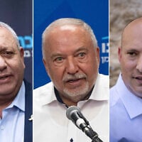 L to R: National Unity MK Gadi Eisenkot at the Knesset on March 24, 2025; Yisrael Beytenu chairman Avigdor Liberman at the Knesset on May 19, 2025; former prime minister Naftali Bennett visits the Western Wall in Jerusalem's Old City during Jerusalem day, May 26, 2025. (All photos Yonatan Sindel/Flash90)