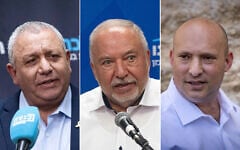 L to R: National Unity MK Gadi Eisenkot at the Knesset on March 24, 2025; Yisrael Beytenu chairman Avigdor Liberman at the Knesset on May 19, 2025; former prime minister Naftali Bennett visits the Western Wall in Jerusalem's Old City during Jerusalem day, May 26, 2025. (All photos Yonatan Sindel/Flash90)