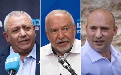 L to R: National Unity MK Gadi Eisenkot at the Knesset on March 24, 2025; Yisrael Beytenu chairman Avigdor Liberman at the Knesset on May 19, 2025; former prime minister Naftali Bennett visits the Western Wall in Jerusalem's Old City during Jerusalem day, May 26, 2025. (All photos Yonatan Sindel/Flash90)