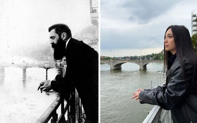 Theodor Herzl on a balcony in Basel in 1901; Yuval Raphael recreating the image on May 16, 2025. (Bettman Archive; Nitzan Livnat/Kan) Theodor Herzl on a balcony in Basel in 1901; Yuval Raphael recreating the image on May 16, 2025. (Bettman Archive; Nitzan Livnat/Kan)